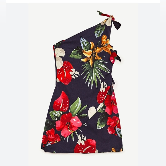NWT Zara TRF Tropical One Shoulder Cut Out Tie Dress Size Small - Picture 5 of 5